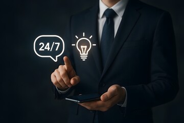 A businessman in a suit points to a virtual speech bubble with 24/7 and a lightbulb icon while holding a phone. Concept of continuous service and innovative business thinking.