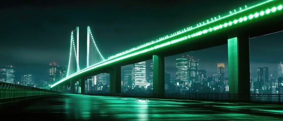 Futuristic green-lit bridge at night over a cityscape.