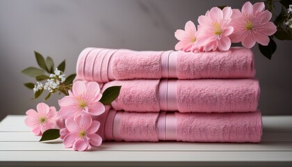 soft pink towels are neatly arranged with delicate flowers resting nearby creating a serene aesthetic this image can be used for spa promotions beauty products or home decor ideas