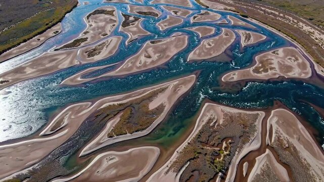 an aerial view of a stunning, winding river carving its way through the landscape. The river's turquoise waters meander through a mosaic of sandbars, creating a mesmerizing pattern