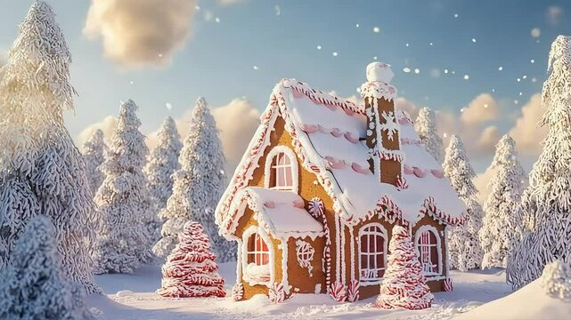 Gingerbread house in snowy forest