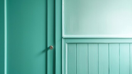 Obraz premium Close-up of a door with a light green color. the door appears to be made of wood and has a rectangular shape with a small knob on the right side.