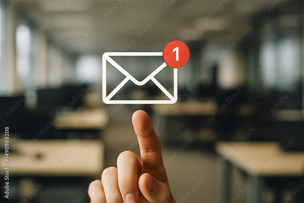 Poster a finger reaches out to touch a floating email icon with a new message notification in a modern offi