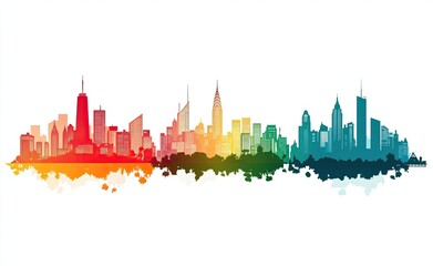 Skyline Illustration, Cityscape with Colorful Gradient, Abstract Urban Panorama on White