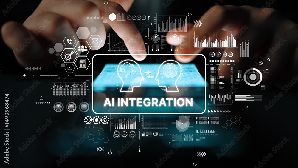 Poster Hands Typing on Touchscreen with AI Integration Concept and Data Graphics Overlaid for Technology Innovation. Asymptotic smart data analytic.