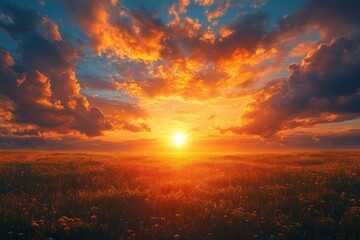 Vibrant sunset over a wildflower field with dramatic clouds and golden light illuminating the horizon