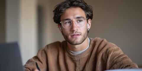 Obraz premium Focused student taking notes at home during a virtual class or study session