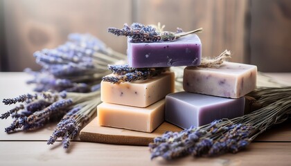 handcrafted soaps are arranged elegantly with lavender sprigs offering a soothing aesthetic perfect for wellness blogs beauty product promotions or packaging design