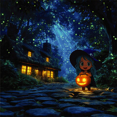 Magical Halloween Night in Enchanted Forest with Cute Anime Witch, Glowing Jack-o’-Lantern, Fireflies, and Cozy Cottage