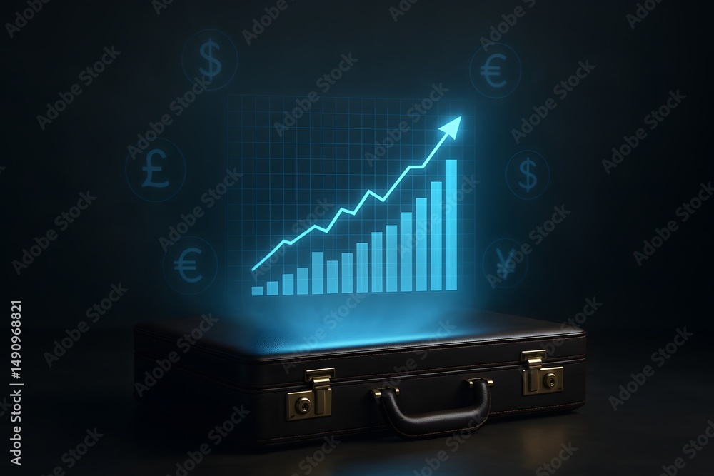Poster a closed briefcase emits a glowing bar chart with upward arrow and floating currency symbols in a da