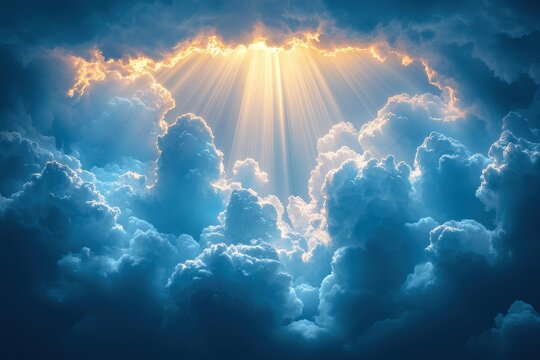 Rays of sunlight break through clouds at dusk, creating a serene and peaceful atmosphere in the sky