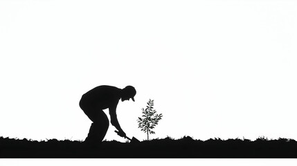 Silhouette of Person Planting a Sapling