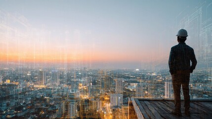 Construction Manager Overlooking City Skyline from Rooftop at Dusk