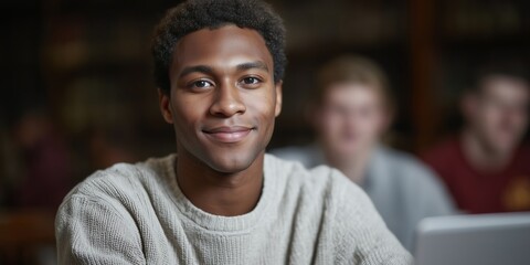 Focused student using laptop in library for study session and academic research