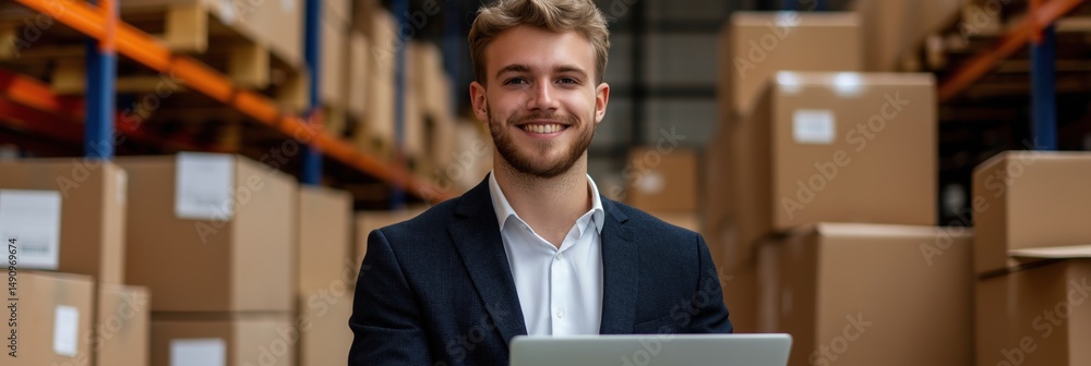 Poster a man in a suit is smiling and sitting in front of a laptop. he is in a warehouse with boxes around 