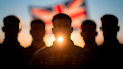 Silhouetted Soldiers at Sunset with a UK Flag in the Background