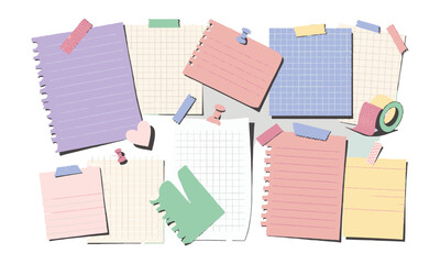 Modern vector collage of torn paper notes and grid sheets on a colorful pastel, easily scalable and editable