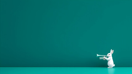 White Rabbit Playing Trumpet Against Teal Background