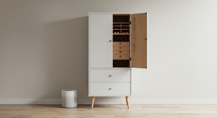Elegant white jewelry armoire with open door showcasing jewelry storage