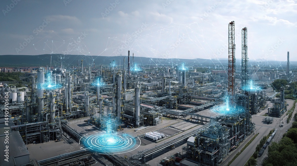 Poster smart factory concept with refineries and structures in modern landscape
