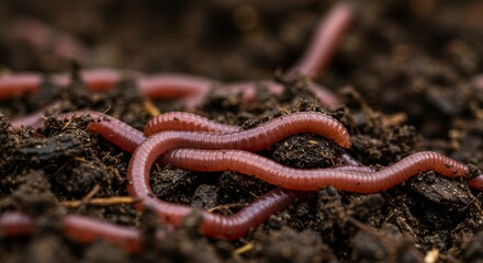 Fototapeta premium Earthworms crawling in rich, dark soil, promoting healthy ecosystems and gardening