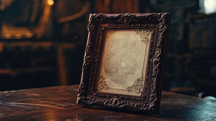 Antique ornate frame on wooden table.