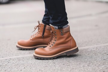 Man Wearing Leather Lace Up Boots with Dark Denim Jeans