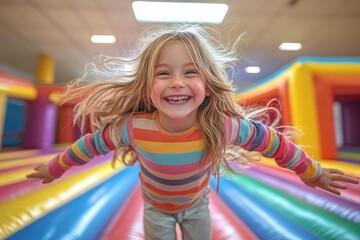 Happy child playing joyfully in a colorful indoor bouncy castle during a fun afternoon