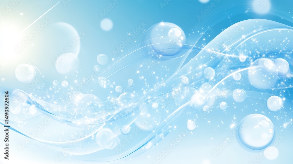 Poster abstract blue background with glowing bubbles and wavy lines rendering