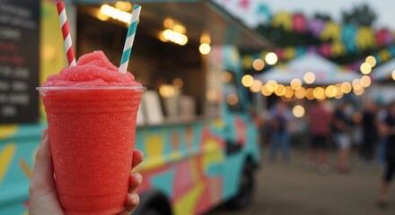 Refreshing strawberry slush in a cup at a vibrant food truck festival   © INSPIRIA.K