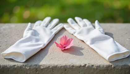 Elegant wedding gloves placed symmetrically on stone surface with a little pink flower in between