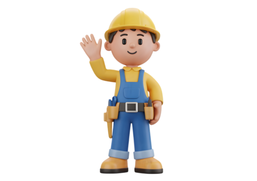 Friendly 3D Cartoon Construction Worker Waving