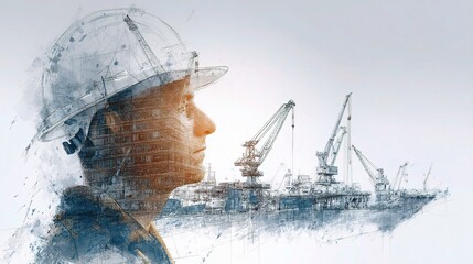 Profile of Maritime Engineer with Shipyard in Background