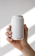 Hand holding a blank white aluminum can against a white background with soft shadows