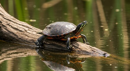 Captivating painted turtle basking on a log in a serene pond setting
