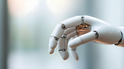 Close-Up of a White Robotic Hand with Metallic Joints Against a Blurred Background