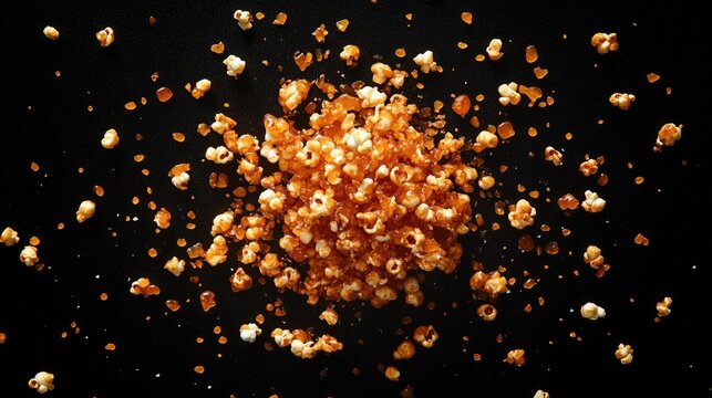 Caramel popcorn scattered on black background.