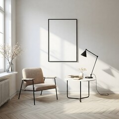 Frame mockup, ISO A paper size. Living room wall poster mockup. Interior mockup with house background. Modern interior design. 3D render 