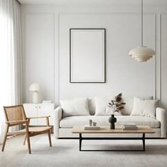 Frame mockup, ISO A paper size. Living room wall poster mockup. Interior mockup with house background. Modern interior design. 3D render 