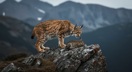 Fototapeta premium Captivating encounter between a lynx and a hare high in the mountains scenery creates an image of wildlife suspense and natural harmony