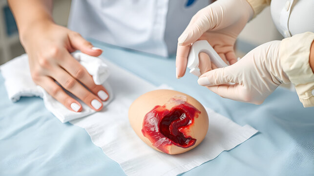 Wound care concept: Symbolizing change of dressing and cleaning and debridement of a wound with a realistic fake wound