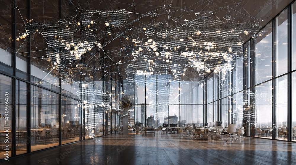 Poster modern office space with global network visualization animation