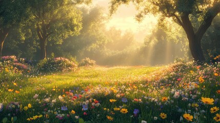 Obraz premium Sunlit meadow with colorful wildflowers and trees.