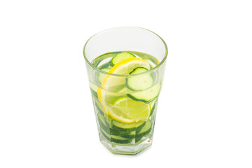 Cucumber water with lemon, lime and mint isolated on white background. Water infused with sliced ​​cucumber in a drinking glass. Tonic refreshing drink. Cucumber lemonade.Summer natural cooling drink