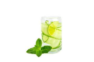 Cucumber water with lemon, lime and mint isolated on white background. Water infused with sliced ​​cucumber in a drinking glass. Tonic refreshing drink. Cucumber lemonade.Summer natural cooling drink