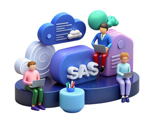 3d saas team working on cloud platform on transferring background