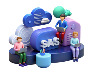 3d saas team working on cloud platform on transferring background