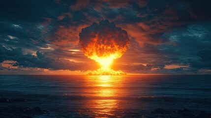 Nuclear explosion mushroom cloud over ocean at sunset.