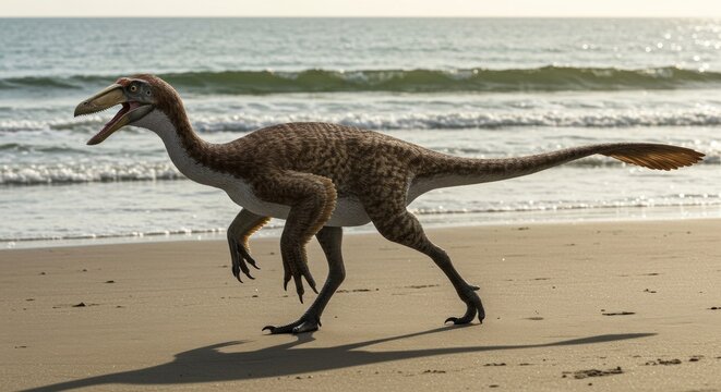 Hesperornis walking along a sandy beach with the ocean in the background during the day