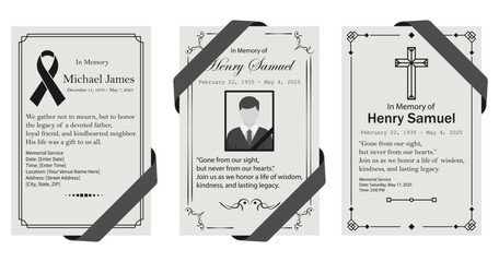 A set of elegant and minimalist funeral or memorial card templates featuring black ribbons, symbolic illustrations, and customizable text. Ideal for memory in printed or digital funeral programs.